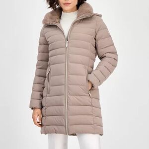 Michael Kors Faux Fur Hooded Puffer Coat Taupe
